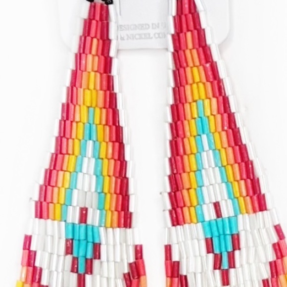 White Red Orange Turquoise Native American Tribal Boho Bead 8" Shoulder Earrings - Picture 4 of 6